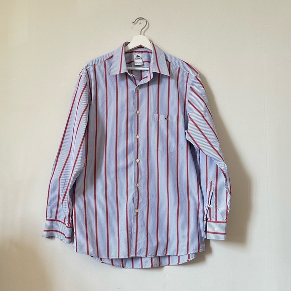 Lacoste Button Up Blue Red Stripe Cotton Shirt Size 42 - Picture 1 of 7